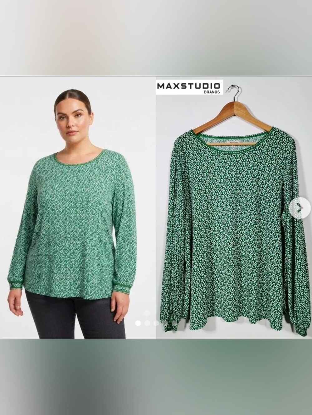 Max Studio Green Micro Floral Long-Sleeve Scoop Neck Top Size 1X